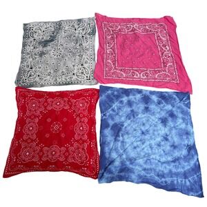 Lot of 4 Paisley and Tie Dye Bandanas Red Pink Blue Grey Head Scarf Accessory